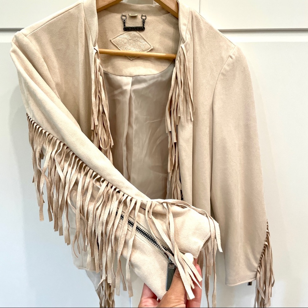 Jou Jou Ivory Fringe Cream Lined Sueded Jacket - Picture 2 of 5